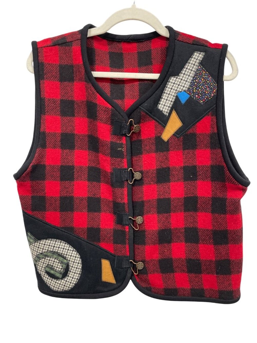 Vintage Vest XL Buffalo Plaid Button Front Patchwork Appliqué Details Red Retro